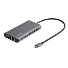 Adaptador multipuertos USB-C de StarTech.com con mini docking station para viajes con HDMI de 4K o VGA de 1080p, hub ladrón USB 3.0, PD de 100W, SD, Ethernet, audio y micrófono. SKU: DKT30CHVAUSP
