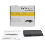 Imagen de la Docking Station USB-C de StarTech.com con HDMI, VGA, 3 puertos USB 3.0, lector de tarjetas SD/micro SD y adaptador PD 3.0. SKU DKT30CHVSCPD