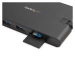Imagen de la Docking Station USB-C de StarTech.com con HDMI, VGA, 3 puertos USB 3.0, lector de tarjetas SD/micro SD y adaptador PD 3.0. SKU DKT30CHVSCPD