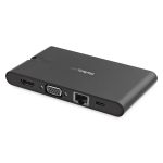 Imagen de la Docking Station USB-C de StarTech.com con HDMI, VGA, 3 puertos USB 3.0, lector de tarjetas SD/micro SD y adaptador PD 3.0. SKU DKT30CHVSCPD