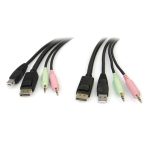 Imagen del cable conmutador KVM USB DisplayPort de StarTech.com con 4 en 1, audio y micrófono, y 6 pies de longitud. SKU: DP4N1USB6