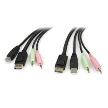 Imagen del cable conmutador KVM USB DisplayPort de StarTech.com con 4 en 1, audio y micrófono, y 6 pies de longitud. SKU: DP4N1USB6