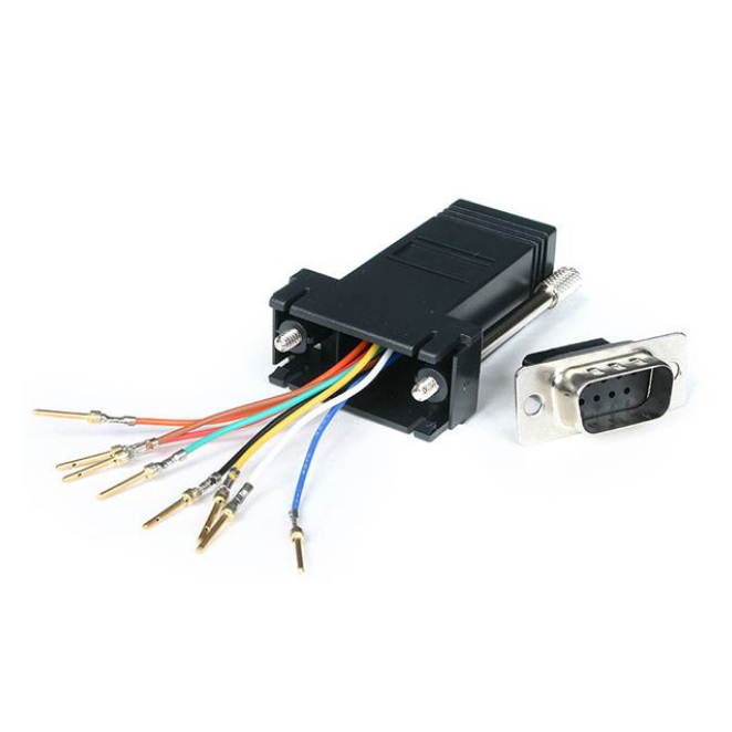 StarTech.com Adaptador DB9 a RJ45 Modular Serie - Conector Macho a Hembra Imagen del adaptador conversor StarTech.com de DB9 a RJ45, con conectores macho a hembra y SKU GC98MF