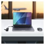 Imagen del StarTech.com Hub USB-C de 4 Puertos, modelo H5C4A-USB-HUB, que ofrece 4 puertos USB-A, es alimentado por el bus y posee protección de sobrecorriente. Ideal para viajes.