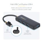Imagen del StarTech.com Hub USB-C de 4 Puertos, modelo H5C4A-USB-HUB, que ofrece 4 puertos USB-A, es alimentado por el bus y posee protección de sobrecorriente. Ideal para viajes.