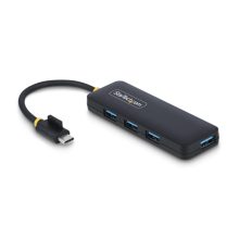 Imagen del StarTech.com Hub USB-C de 4 Puertos, modelo H5C4A-USB-HUB, que ofrece 4 puertos USB-A, es alimentado por el bus y posee protección de sobrecorriente. Ideal para viajes.