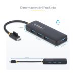 Imagen del StarTech.com Hub USB-C de 4 Puertos, modelo H5C4A-USB-HUB, que ofrece 4 puertos USB-A, es alimentado por el bus y posee protección de sobrecorriente. Ideal para viajes.