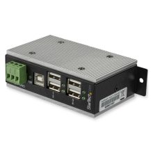 Imagen del StarTech.com Concentrador USB 2.0 de 4 Puertos con ESD y protección contra picos, SKU HB20A4AME, adecuado para instalación en rieles DIN, pared o escritorio.