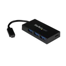 Vista frontal del Concentrador USB 3.0 StarTech.com de 4 Puertos, con una velocidad de transferencia de 5Gbps, incluye 1x USB-C y 3x USB-A. SKU HB30C3A1CFB