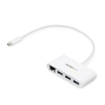 Imagen del concentrador USB 3.0 de StarTech, modelo HB30C3A1GEA, con 3 puertos, USB-C, y Ethernet Gigabit, en color blanco