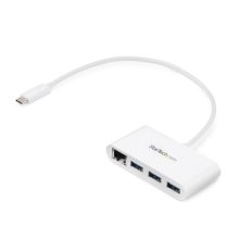 Imagen del concentrador USB 3.0 de StarTech, modelo HB30C3A1GEA, con 3 puertos, USB-C, y Ethernet Gigabit, en color blanco