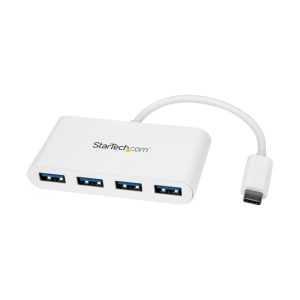 Concentrador USB-C a USB-A de StarTech.com, modelo HB30C4ABW, con 4 puertos USB 3.0 SuperSpeed de 5Gbps, en color blanco para ordenadores portátiles.