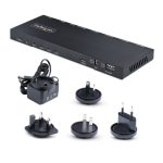 Imagen del divisor HDMI 2.0 de StarTech.com con 4 puertos y compatibilidad con video 4K a 60Hz, modelo HDMI-SPLITTER-44K60S. Cuenta con una entrada HDMI, cuatro salidas HDMI y audio 3,5 mm.