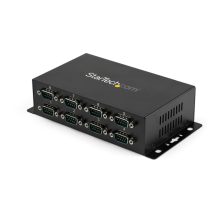 Adaptador y concentrador USB de StarTech con 8 puertos RS232 para uso industrial, modelo ICUSB2328I, montado en una pared con riel DIN