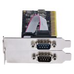 Imagen de la tarjeta adaptadora PCI StarTech.com con 2 puertos serie RS232, SKU PCI2S5502. Compatible con Windows y Linux, incluye controladora serial con puertos DB9.