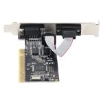 Imagen de la tarjeta adaptadora PCI StarTech.com con 2 puertos serie RS232, SKU PCI2S5502. Compatible con Windows y Linux, incluye controladora serial con puertos DB9.