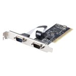 Imagen de la tarjeta adaptadora PCI StarTech.com con 2 puertos serie RS232, SKU PCI2S5502. Compatible con Windows y Linux, incluye controladora serial con puertos DB9.