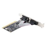 Imagen de la tarjeta adaptadora PCI StarTech.com con 2 puertos serie RS232, SKU PCI2S5502. Compatible con Windows y Linux, incluye controladora serial con puertos DB9.