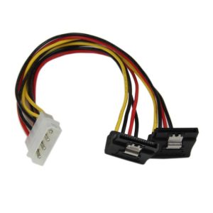 Adaptador de cable StarTech.com LP4 a doble SATA en ángulo derecho con cierre de seguridad, 30cm, SKU PYO2LP4LSATR