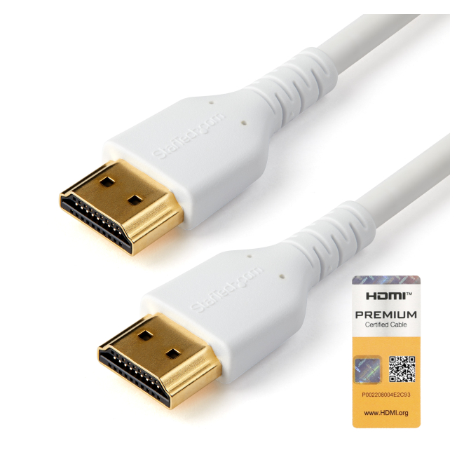 StarTech.com Cable HDMI 2.0 de Alta Velocidad 1m con Fibra de Aramida StarTech.com Cable de 1m HDMI 2.0 Certificado Premium de alta velocidad con Ethernet, durable, UHD 4K 60Hz, con Fibra de Aramida, HDMI 2.0, TPE, blanco - SKU RHDMM1MPW