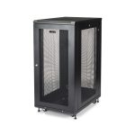 Vista del armario rack para servidores de StarTech.com de 24U, con cerradura y seguro, ruedas y carriles de montaje ajustables. SKU RK2433BKM