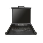 Imagen de la consola KVM de montaje en rack de StarTech.com, modelo RKCONS1901, con teclado QWERTY, KVM VGA de 1 puerto y monitor LCD de 19 pulgadas.