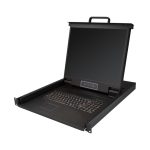 Imagen de la consola KVM de montaje en rack de StarTech.com, modelo RKCONS1901, con teclado QWERTY, KVM VGA de 1 puerto y monitor LCD de 19 pulgadas.