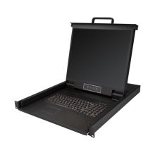 Imagen de la consola KVM de montaje en rack de StarTech.com, modelo RKCONS1901, con teclado QWERTY, KVM VGA de 1 puerto y monitor LCD de 19 pulgadas.