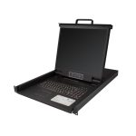 Vista frontal de la consola KVM de 8 puertos para montaje en rack de StarTech con teclado QWERTY, cables de 1.8m y conmutador LCD de 19 pulgadas. SKU: RKCONS1908K