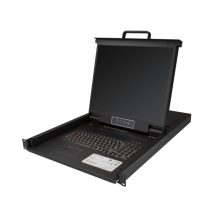 Vista frontal de la consola KVM de 8 puertos para montaje en rack de StarTech con teclado QWERTY, cables de 1.8m y conmutador LCD de 19 pulgadas. SKU: RKCONS1908K
