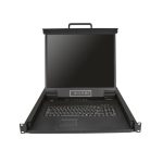 Vista frontal de la consola KVM de 8 puertos para montaje en rack de StarTech con teclado QWERTY, cables de 1.8m y conmutador LCD de 19 pulgadas. SKU: RKCONS1908K