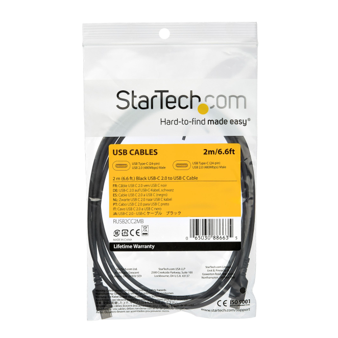 StarTech.com Cable de 2m de Carga USB C - de Carga Rápida y Sincronización USB 2.0 Tipo C a USB C para Portátiles - Revestimiento TPE de Fibra de Aramida M/M 60W Negro - iPad Pro Surface 4 StarTech.com Cable de carga USB C resistente