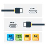 StarTech.com Cable USB-C de 1 metro con conexión acodada, soporta USB 10 Gbps y entrega de alimentación de 100W (5A). Compatible con modo alternativo de DP 8K 60 Hz y 4K 144 Hz. SKU: RUSB31CC1MBR