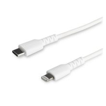 Cable StarTech.com Resistente USB-C a Lightning 1 m en color blanco, compatible con iPad y iPhone 12, fibra de aramida y certificado MFi. SKU: RUSBCLTMM1MW