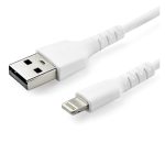 Cable StarTech.com USB-A a Lightning de 1 metro en color blanco, con certificación MFi de Apple y fibra de aramida robusta. SKU: RUSBLTMM1M