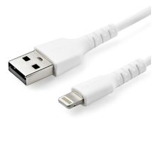 Cable StarTech.com USB-A a Lightning de 1 metro en color blanco, con certificación MFi de Apple y fibra de aramida robusta. SKU: RUSBLTMM1M