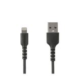 Cable StarTech USB-A a Lightning de 2 m en color negro, diseñado para alimentación y sincronización con fibra de aramida robusta. Certificación MFi de Apple. SKU: RUSBLTMM2MB