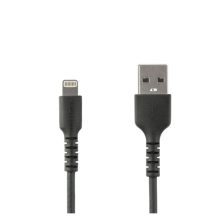 Cable StarTech USB-A a Lightning de 2 m en color negro, diseñado para alimentación y sincronización con fibra de aramida robusta. Certificación MFi de Apple. SKU: RUSBLTMM2MB