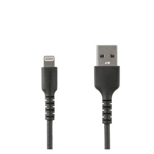 Cable StarTech USB-A a Lightning de 2 m en color negro, diseñado para alimentación y sincronización con fibra de aramida robusta. Certificación MFi de Apple. SKU: RUSBLTMM2MB