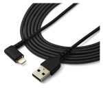 Cable negro USB-A a Lightning de 2 metros con ángulo de 90 grados hacia la derecha y fibra de aramida resistente, compatible con iPhone. SKU: RUSBLTMM2MBR