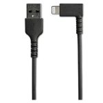 Cable negro USB-A a Lightning de 2 metros con ángulo de 90 grados hacia la derecha y fibra de aramida resistente, compatible con iPhone. SKU: RUSBLTMM2MBR