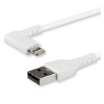 StarTech.com Cable Resistente USB-A a Lightning de 2 metros en color blanco, acodado en un ángulo de 90° a la derecha. Cable de carga y sincronización de fibra de aramida resistente - SKU RUSBLTMM2MWR