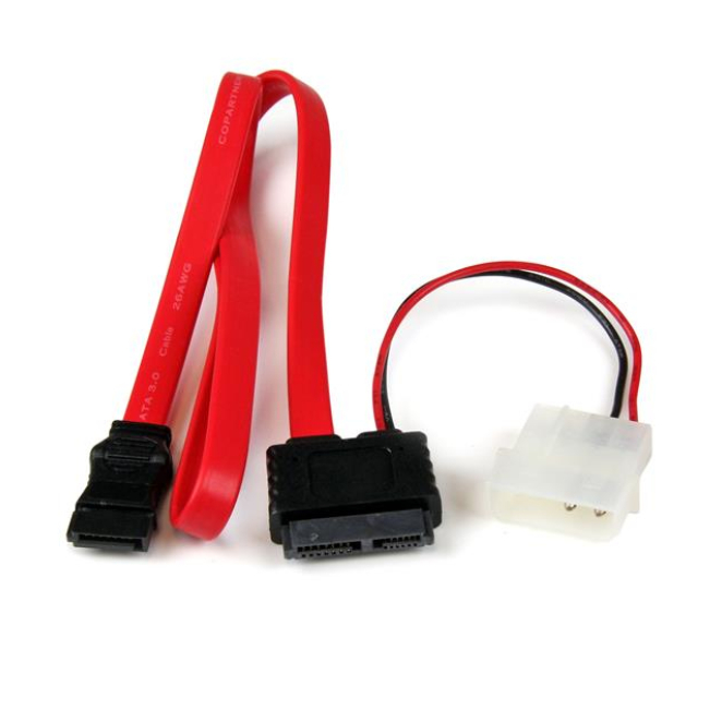 StarTech.com Adaptador SATA Slimline 13 Pines a Molex LP4 SATA Imagen del adaptador cable SATA Slimline de StarTech.com con 13 pines que se conecta a Molex Macho LP4 y SATA, modelo SLSATAF20.