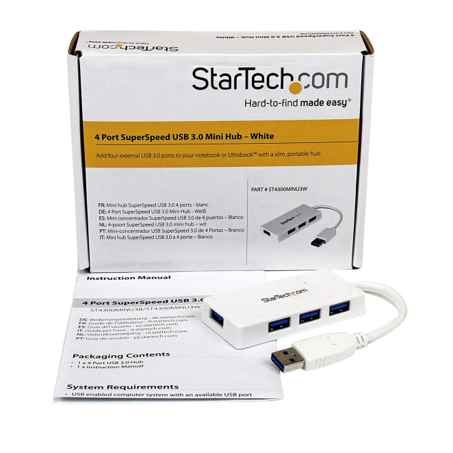 StarTech.com Adaptador Concentrador Hub Ladrón USB 3.0 (5Gbps) Super Speed para Laptop de 4 Puertos Salidas - Blanco 5 StarTech.com Adaptador Concentrador Hub Ladrón USB 3.0 Blanco componentes incluidos
