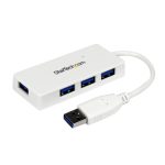Vista del adaptador concentrador hub USB 3.0 StarTech de 4 puertos con velocidad de 5Gbps, modelo ST4300MINU3W, en color blanco