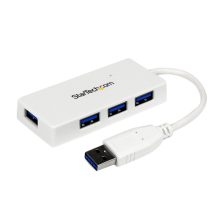 Vista del adaptador concentrador hub USB 3.0 StarTech de 4 puertos con velocidad de 5Gbps, modelo ST4300MINU3W, en color blanco