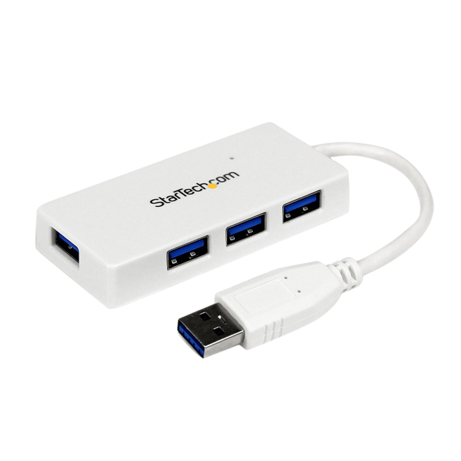 StarTech Adaptador USB 3.0 Hub 4 Puertos Alta Velocidad Blanco Vista del adaptador concentrador hub USB 3.0 StarTech de 4 puertos con velocidad de 5Gbps, modelo ST4300MINU3W, en color blanco