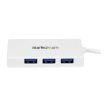 Vista del adaptador concentrador hub USB 3.0 StarTech de 4 puertos con velocidad de 5Gbps, modelo ST4300MINU3W, en color blanco