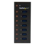 Vista del concentrador USB 3.0 StarTech de 7 puertos con caja de metal, ideal para sobremesa o montaje en pared, SKU ST7300U3M