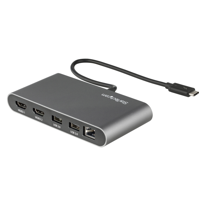 StarTech.com Mini Dock Thunderbolt 3 con HDMI 4K y Hub USB-A StarTech.com Mini Dock Thunderbolt 3, estación de acoplamiento portátil para 2 monitores con HDMI 4K de 60Hz, 2 puertos USB-A (3.0/2.0), Ethernet Gigabit, cable de 28cm, SKU: TB3DKM2HDL